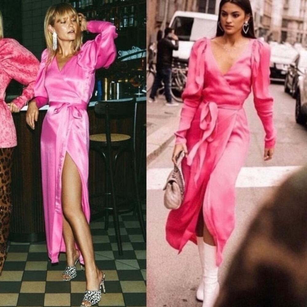 Pink Satin Puff-Sleeve Wrap Maxi Dress